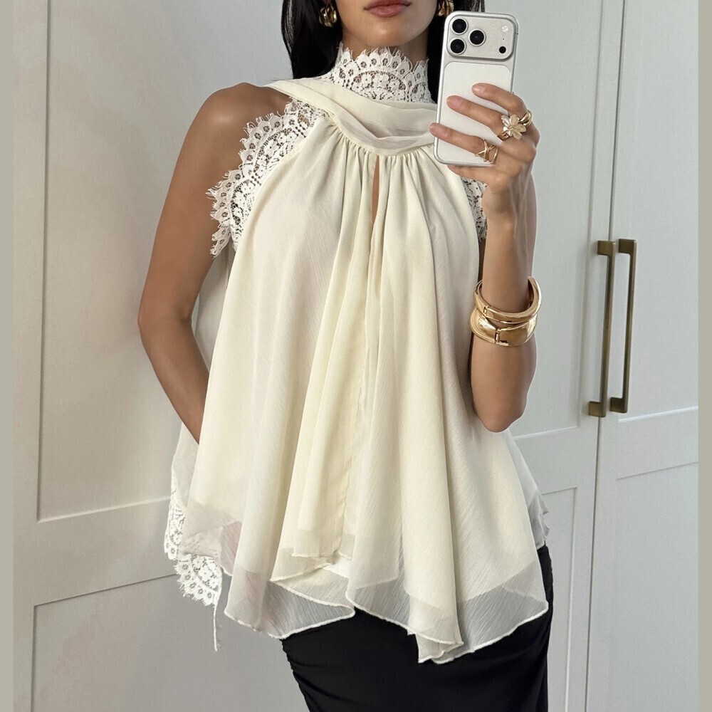 Cream Chiffon Lace Trim High Neck Keyhole Swing Blouse